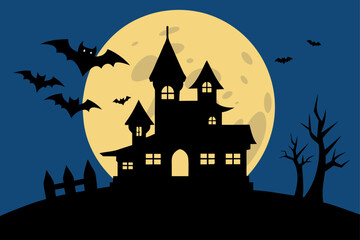 Spooky Halloween Night Haunted Castle Silhouette under a Full Moon