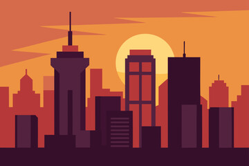 Obraz premium Sunset Cityscape A Stunning Vector Illustration of Urban Skyline at Dusk