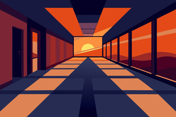 Sunset Corridor A Stunning Architectural Illustration of a Long Hallway with a Breathtaking View