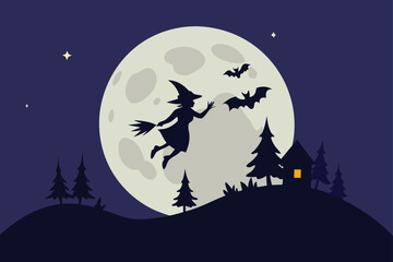 Fototapeta premium Silhouette of a Witch Flying on a Broomstick under the Full Moon Halloween Night Illustration