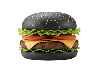 Isolated Black Burger with Cheese Lettuce Tomato Sesame on Transparent
