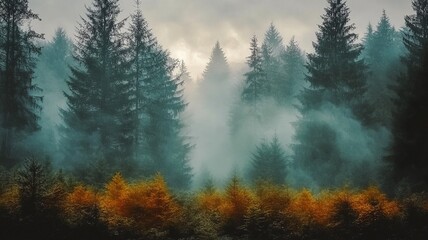Misty Pine Forest with Autumn Bushes, Mysterious Nature Landscape for Poster Design, Advertisement, Wallpaper, Eco, Travel, Educational Background