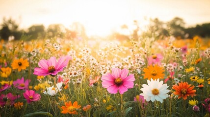 Fototapeta premium Sunlit Colorful Flower Field Spring Summer Background for Poster Design, Advertisement, Greeting Card, Wallpaper, Eco, Travel, Wedding Decoration