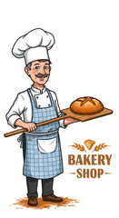Illustration of Baker Man with Bread in Bakery Shop Cartoon Style