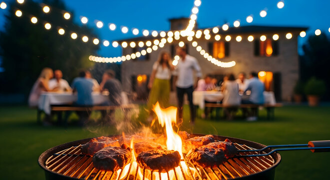 Delicious Summer Barbecue: Grilling Burgers at a Festive Evening Outdoor Party - Powered by Adobe