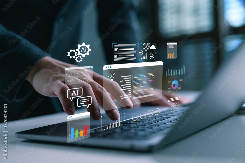 Poster digital marketing with ai-driven data analytics concept showing charts, dashboards and chatbot tools