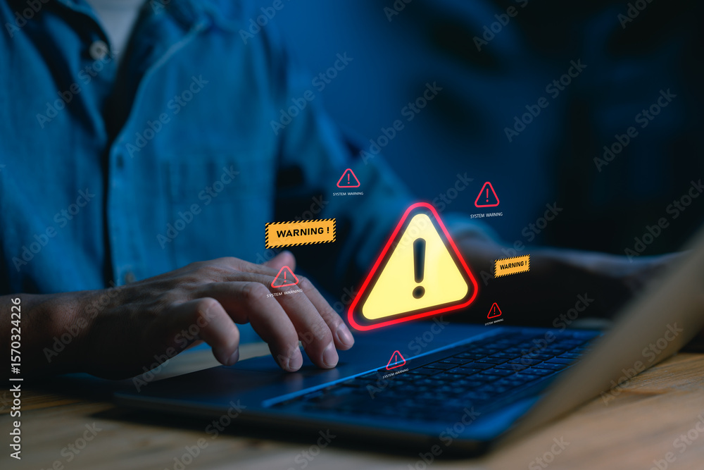 Poster cybersecurity warning concept with alert signs appearing on a laptop screen, representing system thr