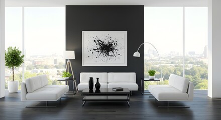 Modern Living Room Interior with City View