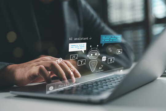 AI assistant and generative AI tools concept with chatbot interface, showing icons for text, voice, media generation. Content on artificial intelligence, productivity tools, digital innovation.