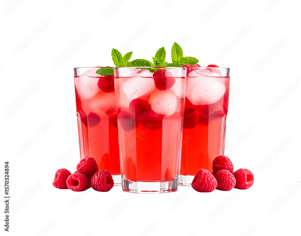 Poster refreshing raspberry drinks with ice and mint in clear glasses.