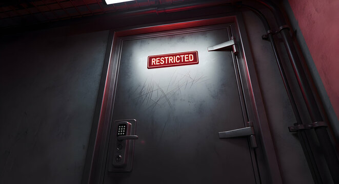 Steel Door Marked Restricted Access To Security Sensitive Zone In Dark Tone