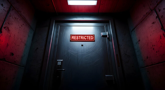 Steel Door With Restricted Sign Access Secured For Confidential Data Center