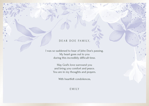 Floral condolence card template, featuring white and purple flowers along with various leaves on a pale purple background