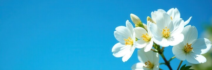 Fototapeta premium Cluster of white flowers against a deep azure sky, flowers, day