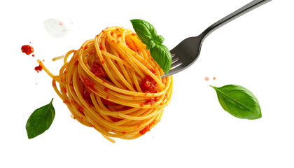 Spaghetti Pasta Nest With Tomato Sauce And Fresh Basil Leaves Presented On Fork Against Transparent Background Isolated Transparent Background