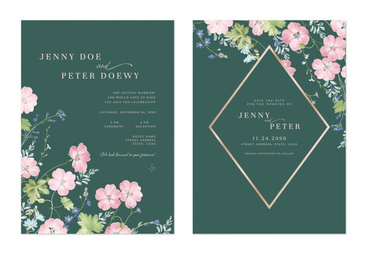 Wedding invitation and save the date template set of elegant Geranium Mavis Simpson flowers and wildflowers on a dark green background
