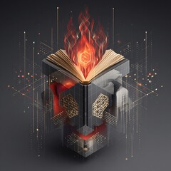 Abstract Knowledge Concept: Open Book with Fire and Geometric Elements