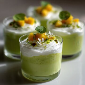 Avocado and Mango Verrines with Goat Cheese and Lime Foam: (1 large ripe avocado, 1 ripe firm mango, 1 tablespoon fresh lime juice; For Goat Cheese Foam: 100g very cold fresh goat.