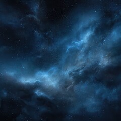 night cosmic sky in black and deep blue tones, distant stars glowing faintly, swirling dark blue nebulae, soft space dust creating depth, subtle gradients between deep navy and.