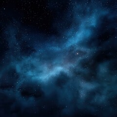 Obraz premium night cosmic sky in black and deep blue tones, distant stars glowing faintly, swirling dark blue nebulae, soft space dust creating depth, subtle gradients between deep navy and.