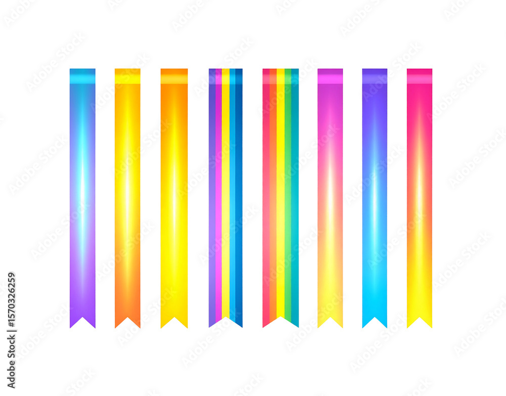 Poster set of colorful ribbons with chevron cut gradient effect and shiny texture.