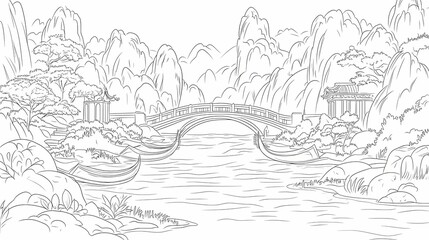 Obraz premium Line drawing of a serene asian landscape with mountains, a bridge and boats.