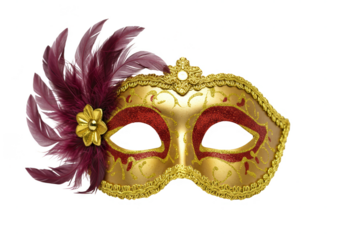 Elegant Golden Venetian Carnival Mask with Purple Feather Illustration
