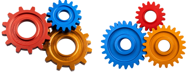 Set of Three Colored Cogwheels Red Blue Orange Isolated on Transparent Background PNG