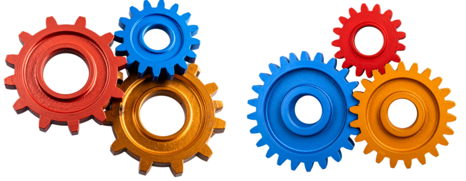 Set of Three Colored Cogwheels Red Blue Orange Isolated on Transparent Background PNG