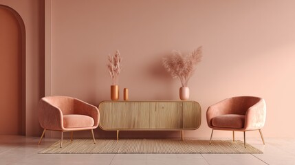 Warm-toned interior showcasing a cabinet with decor flanked by two plush armchairs