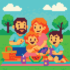 family picnic, pixel art, eps 10 illustation