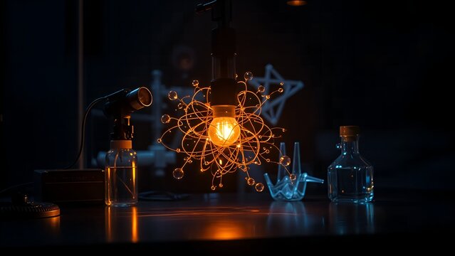 A futuristic light bulb with a magical orange yellow atom atomic symbol glow in dark night, its digital flame a vibrant star in the glowing space, illustrating captivating energy of modern technology