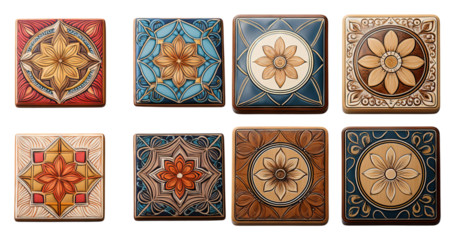 Decorative Square Tiles with Floral Patterns and Intricate Designs, PNG bundle collection, Isolated on Transparent Background