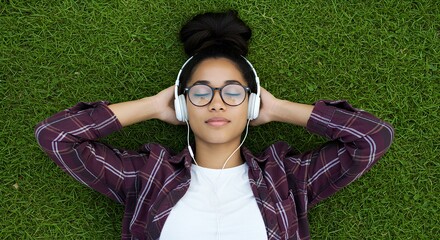 A young woman with headphones lies on green grass, eyes closed, seemingly relaxed.