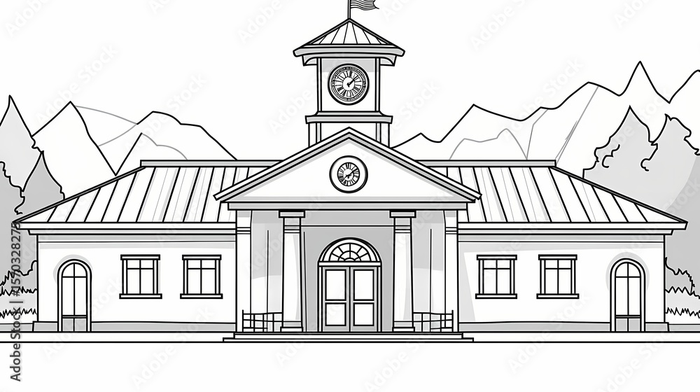 Poster outline drawing of a large building with a clock tower.