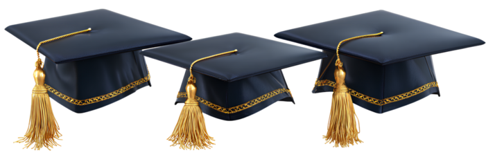  A set of three  navy blue graduation cap with a gold tassel on a transparent background