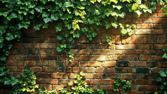 Lush green ivy cascading over a textured brick wall, illuminated by soft sunlight, creating a serene atmosphere