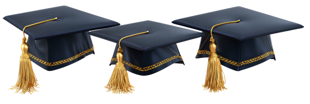 A set of three navy blue graduation cap with a gold tassel on a transparent background