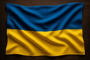 Realistic Draped Ukrainian Flag on Wooden Background Symbolizing National Pride