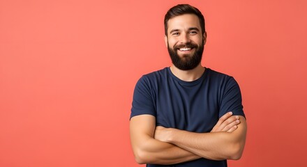 Fototapeta premium Smiling Man with Dark Beard and Arms Crossed on Coral Background