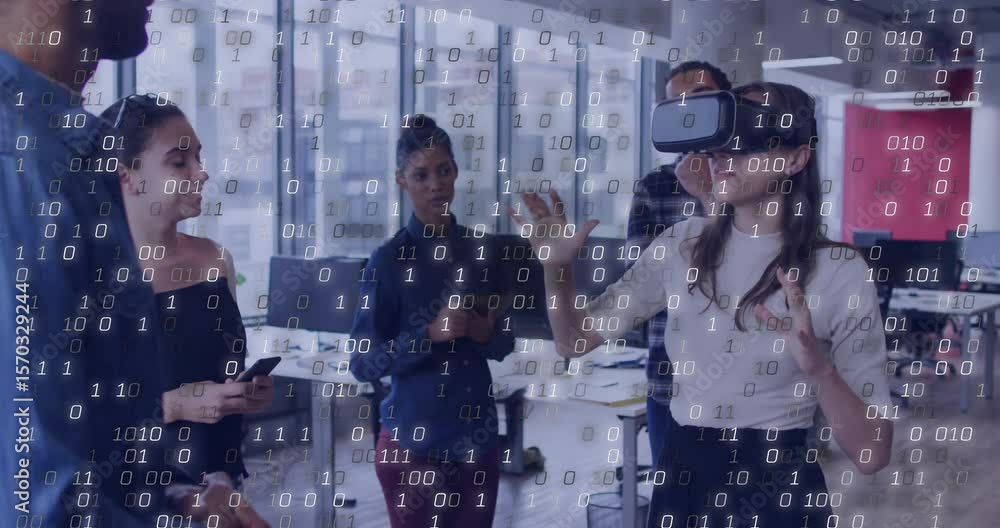 Poster woman with vr headset stepping in office, gesturing while binary overlay growing for tech demo