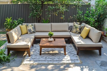 Outdoor garden corner sofa set with beige cushions and brown rattan wood frame, coffee table on concrete floor with white rug and garden fence background
