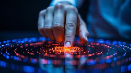 Finger touching glowing digital interface with red and blue circular technology elements
