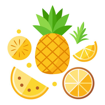 Flat cartoon Pineapple and Slices Set Collection Tropical Summer Fruit Icon clip art vector illustration design for kids and children books for learning fruits and alphabet