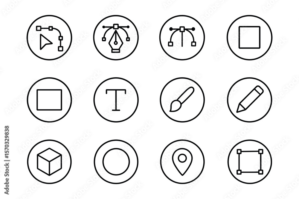 Poster graphic editor tools: collection of simple round vector icons for design software interface, featuri