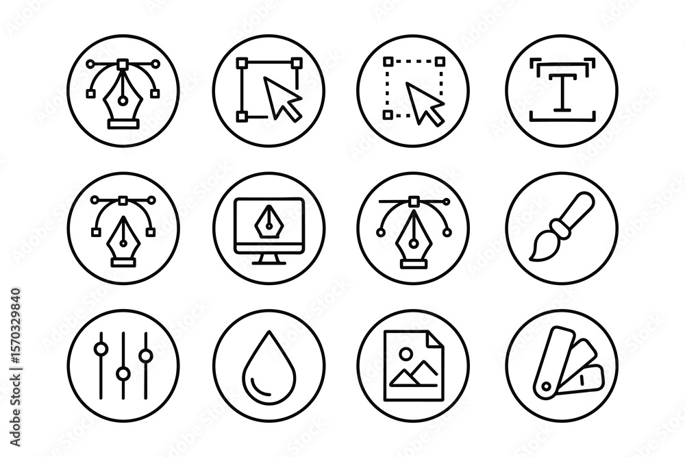 Poster graphic design elements: vector tool icons representing design software features and functionality.