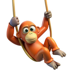 3D Cartoon orangutan swinging isolated on transparent background, use cases: design, education