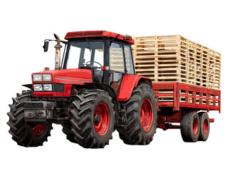Obraz premium Red Tractor with Wooden Pallets on Trailer, transparent Background