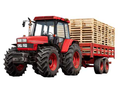 Red Tractor with Wooden Pallets on Trailer, transparent Background