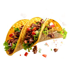 Three Filled Tacos with Meat Vegetables and Herbs on a Transparent Background